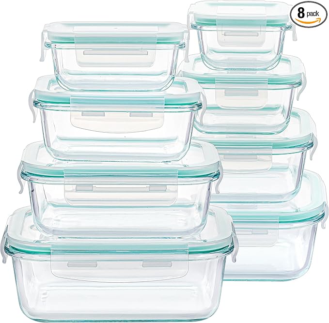 8 Pack Glass Food Storage Containers with Airtight Lids, Glass Meal Prep Containers, Lunch Office Meal for Microwave, Oven, Freezer and Dishwasher, BPA Free