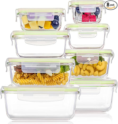 8 Pack Glass Food Storage Containers with Airtight Lids, Glass Meal Prep Containers, Lunch Office Meal for Microwave, Oven, Freezer and Dishwasher, BPA Free
